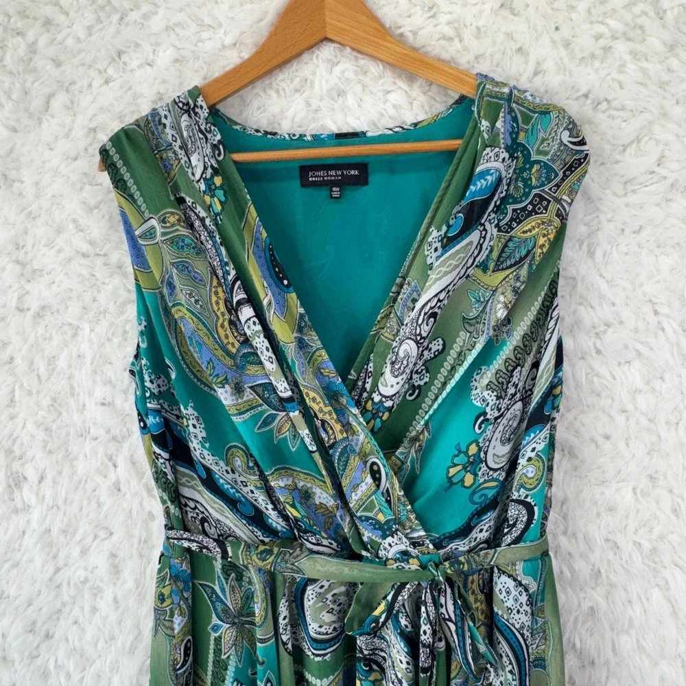 Jones New York‎ Paisley Faux Wrap Dress 14W Green Blue Boho Sleeveless Midi